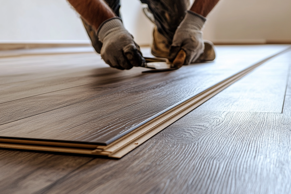 Arbeiten Bodenverlegen Arbeiter verlegt Laminatboden mit Handschuhen und Werkzeug.