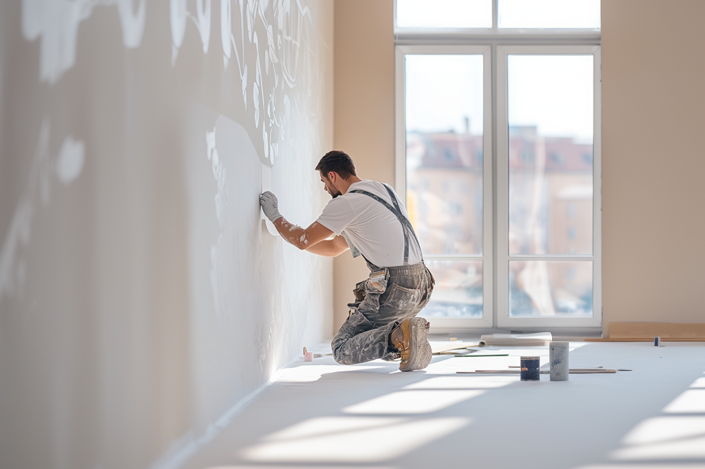 Arbeiten Tapezierarbeiten Ein Mann streicht eine Wand in einem hellen Raum mit Fenstern.